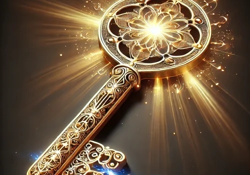 DALL·E 2024-11-04 13.45.45 - A golden quantum key, intricately designed with glowing patterns and symbols that convey a sense of energy and unlocking potential. The key should be
